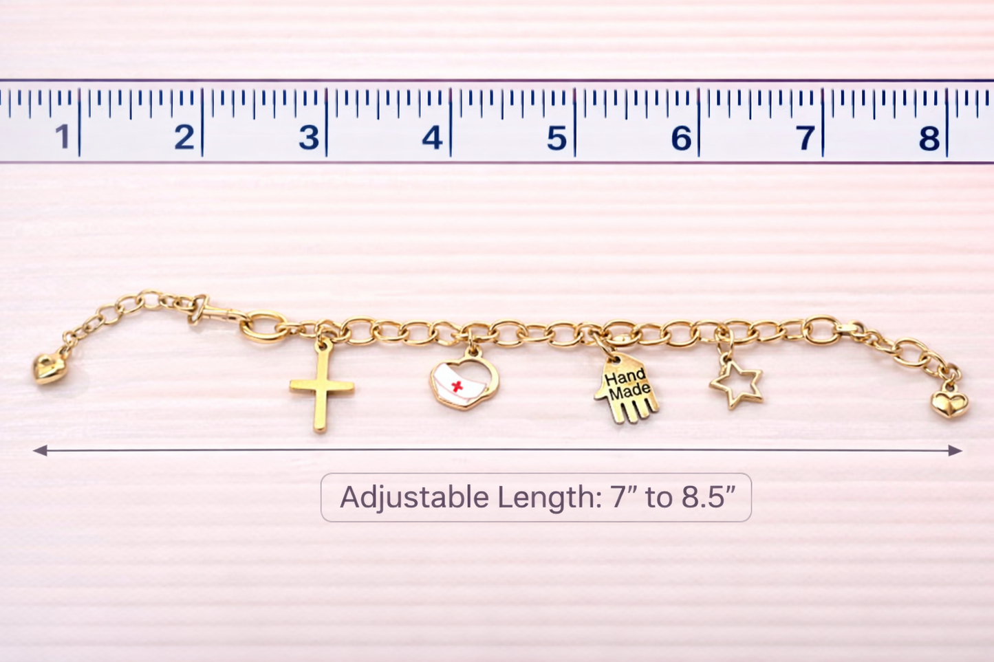 Handmade - Gold Charm Bracelet Hand Made Cross, Heart, and Star