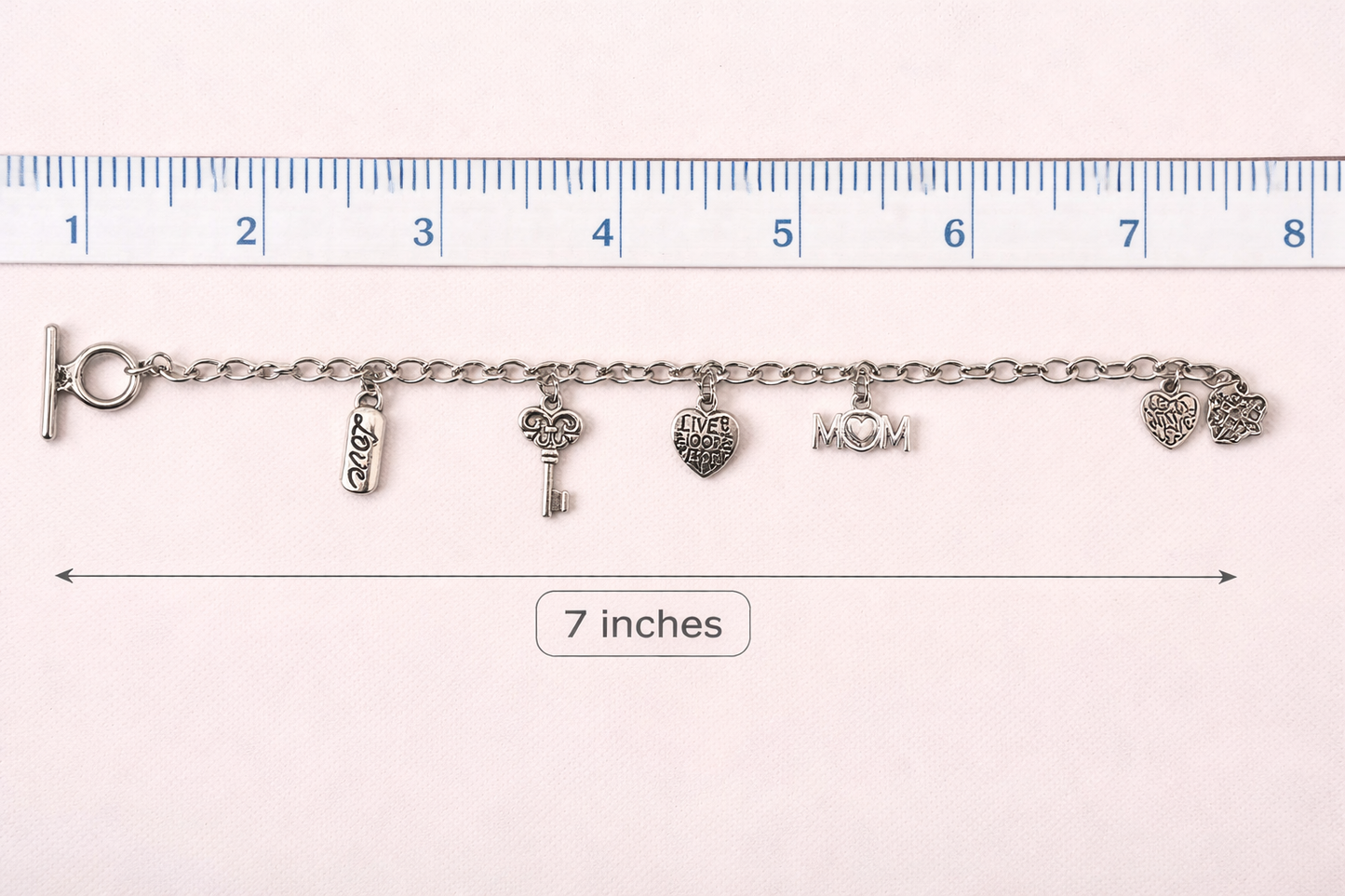 Handmade - Silver Charm Bracelet LOVE Key Heart Toggle Clasp Women’s Fashion Jewelry Gift