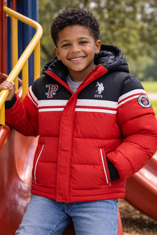 Kids U.S. Polo Assn. Red Puffer Hooded Winter Coat (Size 7)
