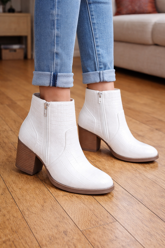 White Croc-Embossed Ankle Boots – Block Heel – Side Zip – Stylish & Trendy