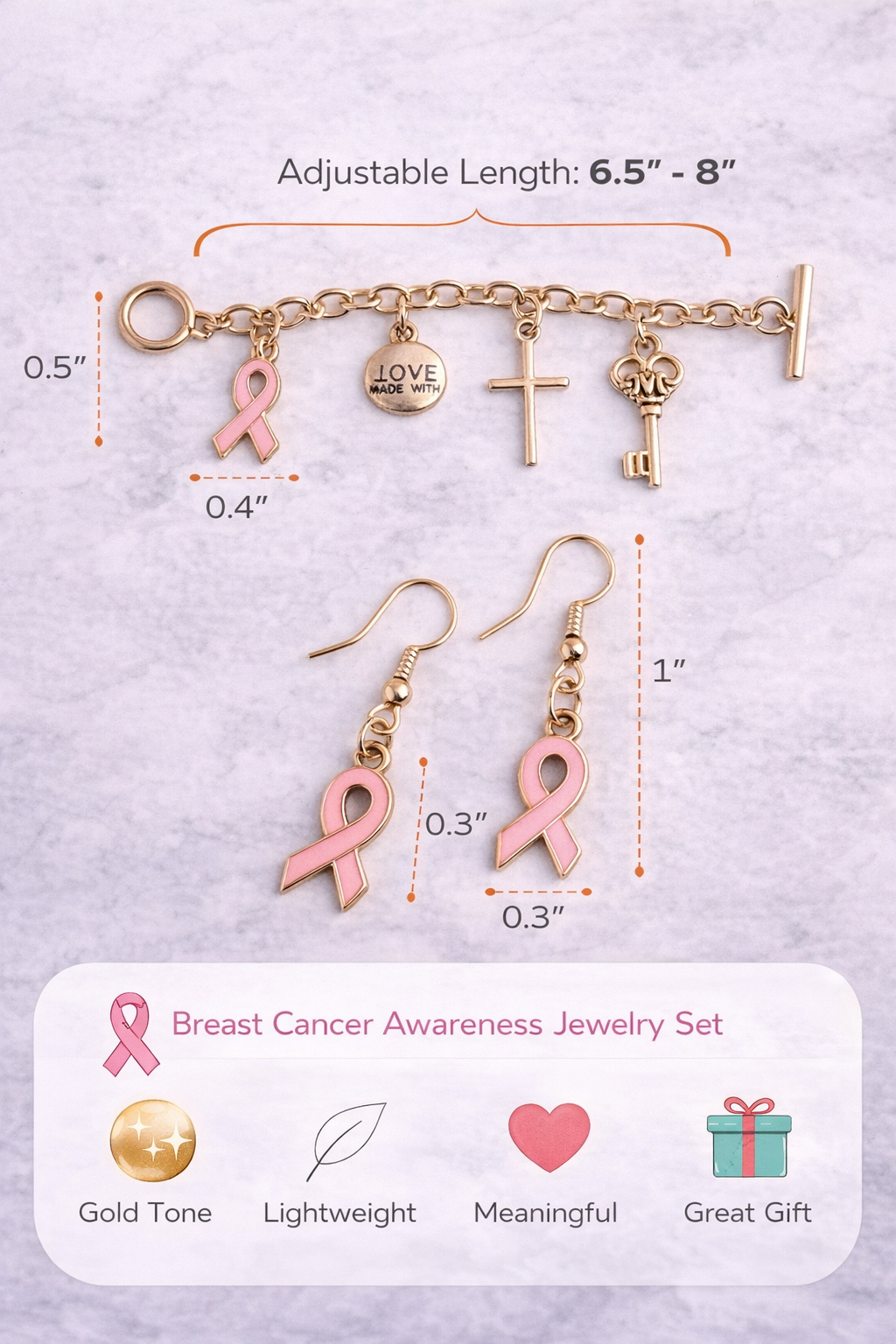 Handmade - Gold Tone Pink Ribbon Breast Cancer Awareness Bracelet & Earrings Jewelry Set