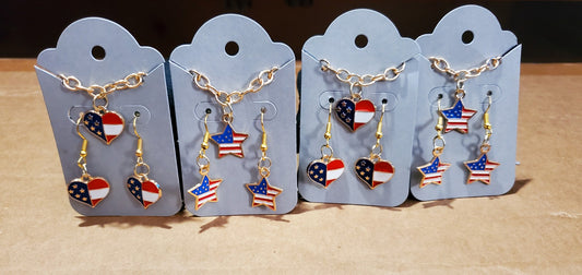 Handmade - USA Patriotic Red, White, Blue Flag Bracelet & Earrings Jewelry Set