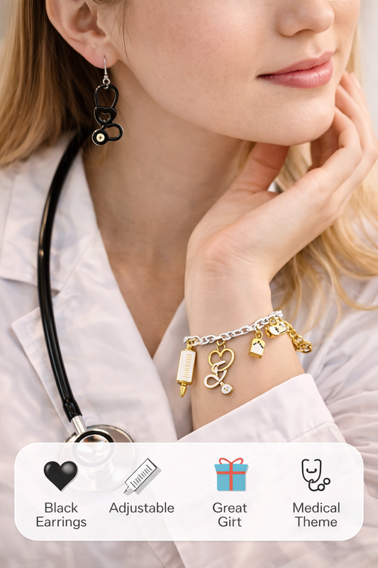 Handmade - Gold Tone Nurse Jewelry Set - Bracelet & 2 Pair Earrings: Syringe & Stethoscope