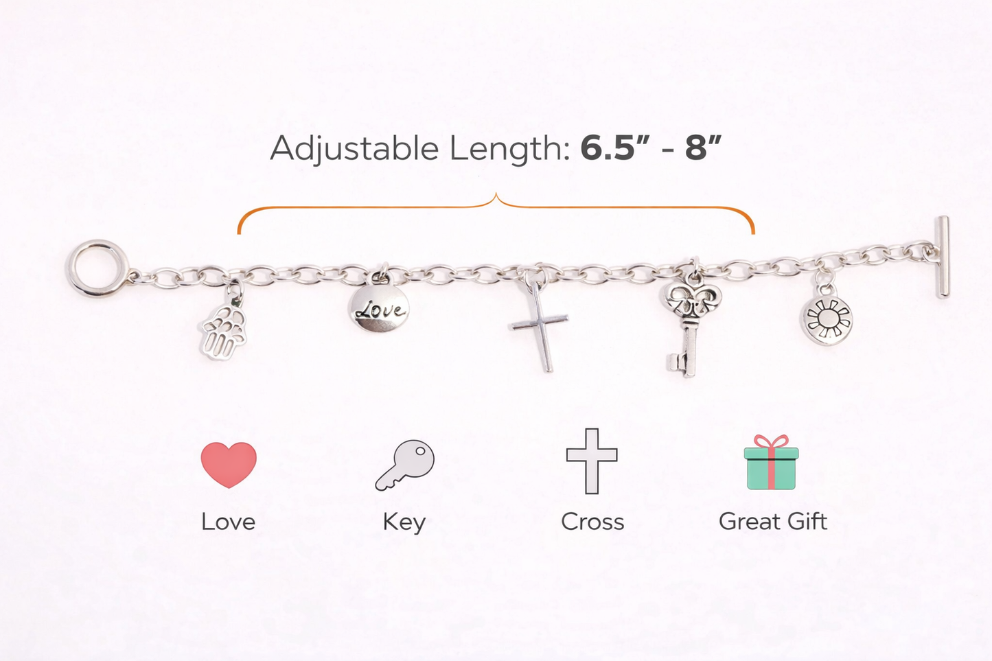 Handmade - Silver Tone Love, Key Cross Charm Bracelet