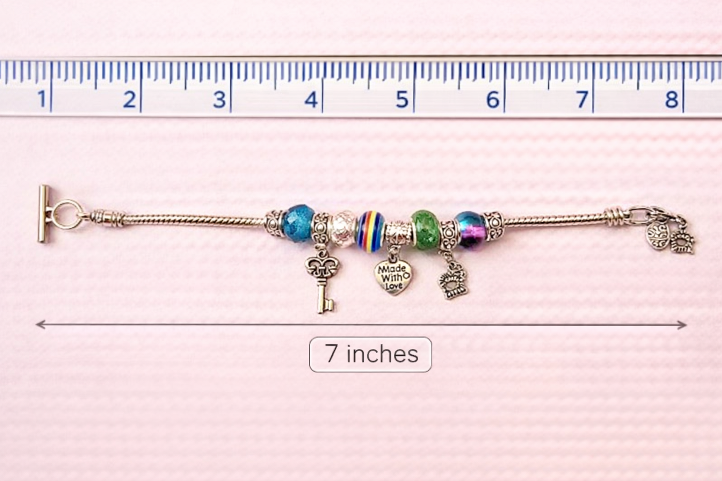 Handmade - Silver Charm Bracelet w/ Colorful Beads & Key Charm