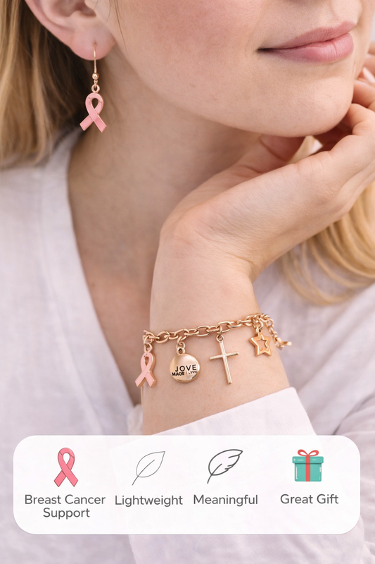 Handmade - Gold Tone Pink Ribbon Breast Cancer Awareness Bracelet & Earrings Jewelry Set