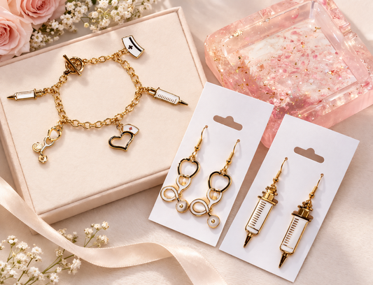 Handmade - Bracelet & Earrings - Stethoscope & Syringe Medical Gift Set