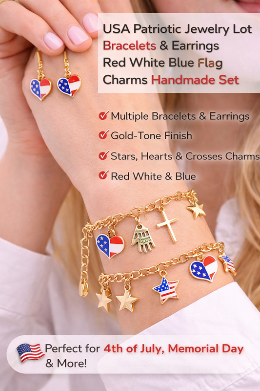 Handmade - USA Patriotic Red, White, Blue Flag Bracelet & Earrings Jewelry Set