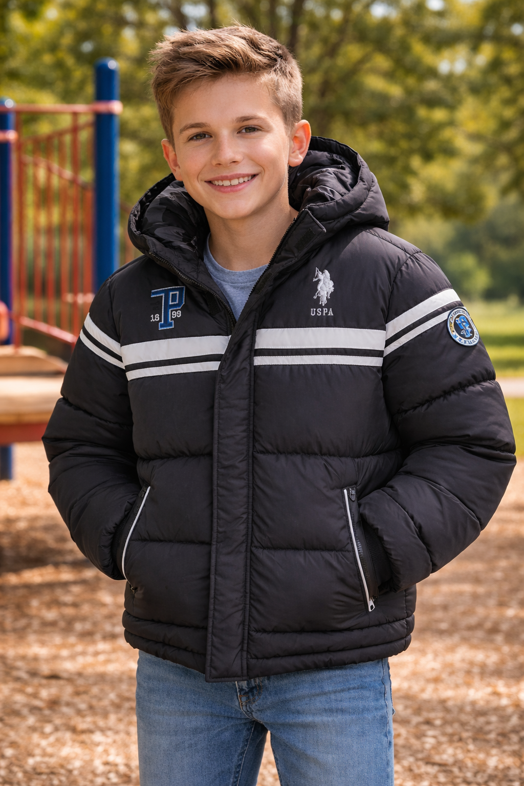 Kids U.S. Polo Assn. Black Puffer Hooded Winter Coat (Size 7)