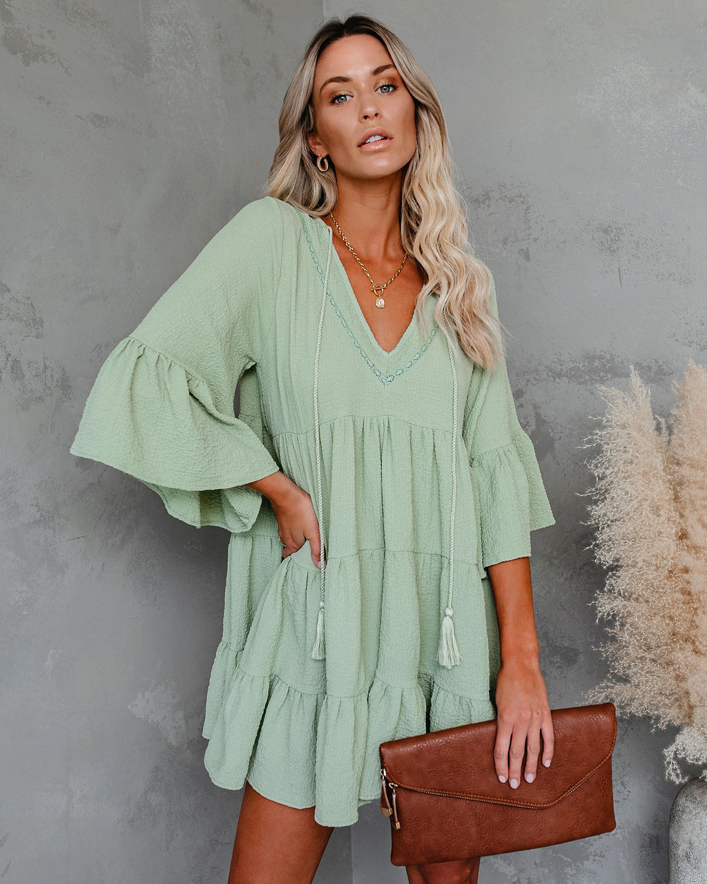 V-neck Lace-up Fringe Lace-up Ruffled Dress