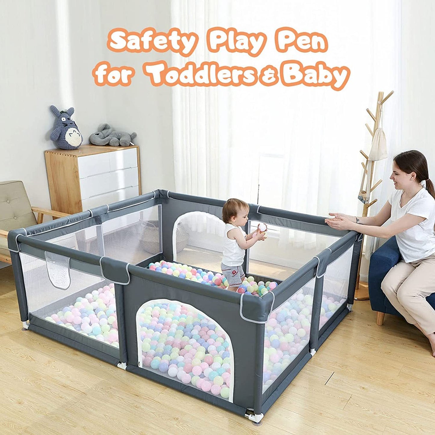 Large Baby Playpen 79x71, Extra Large Play Pen For Babies And Toddlers, Play Yard With Gate, Baby Fence With Breathable Mesh, Safety Indoor & Outdoor Activity Center Grey