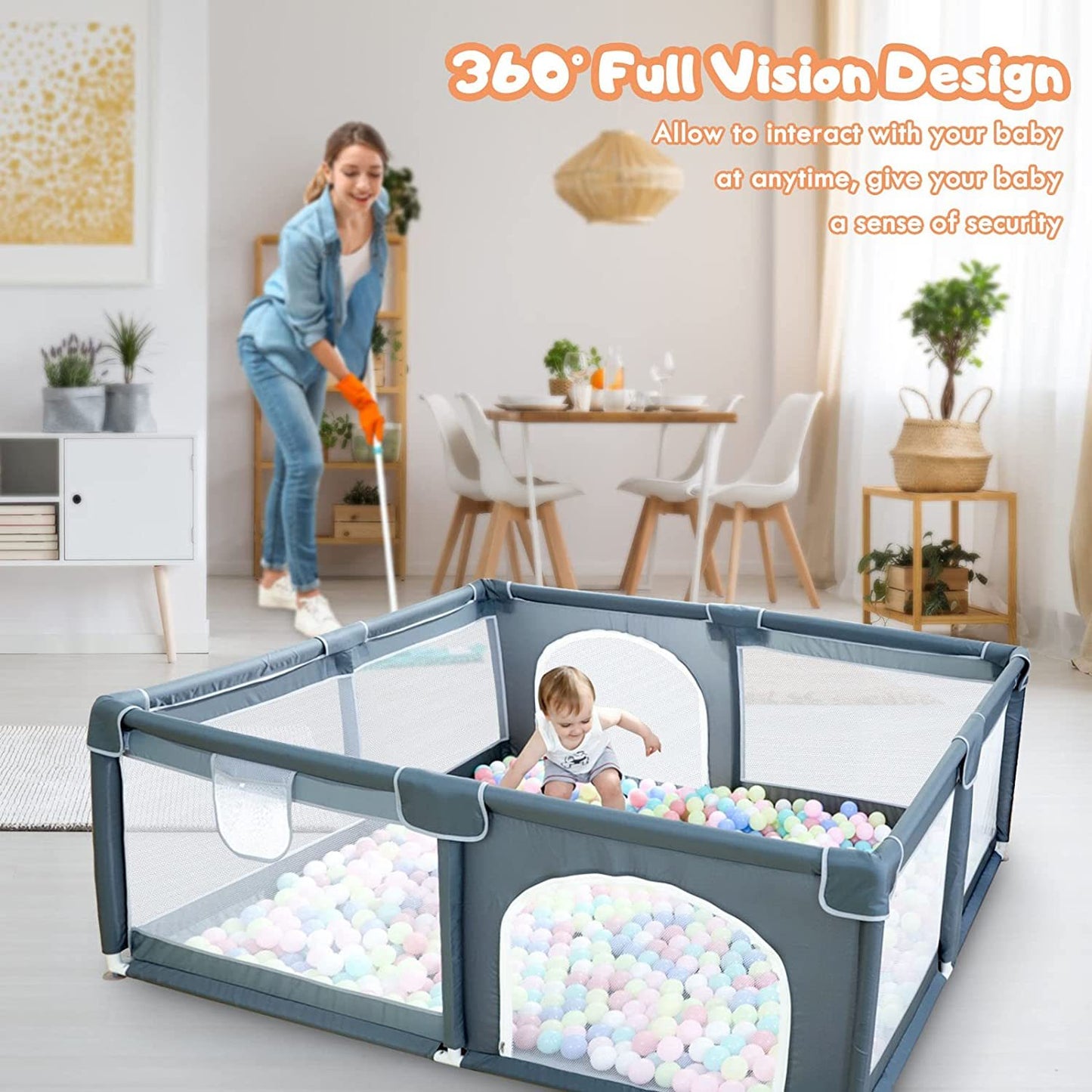 Large Baby Playpen 79x71, Extra Large Play Pen For Babies And Toddlers, Play Yard With Gate, Baby Fence With Breathable Mesh, Safety Indoor & Outdoor Activity Center Grey