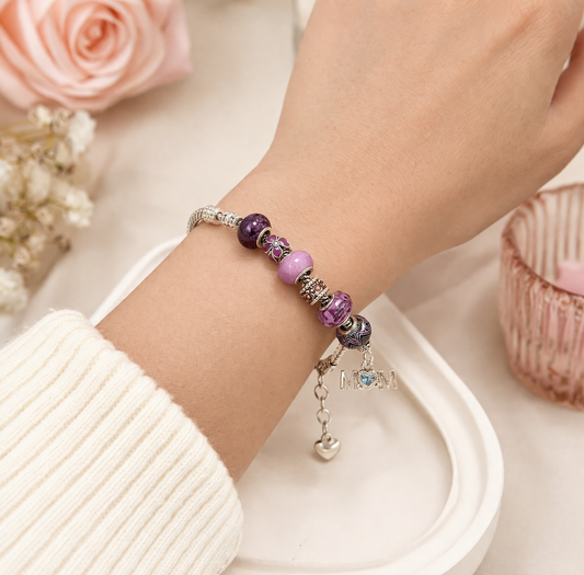 Handmade - Silver Charm Bracelet w/ Purple Beads & “Mom” Charm