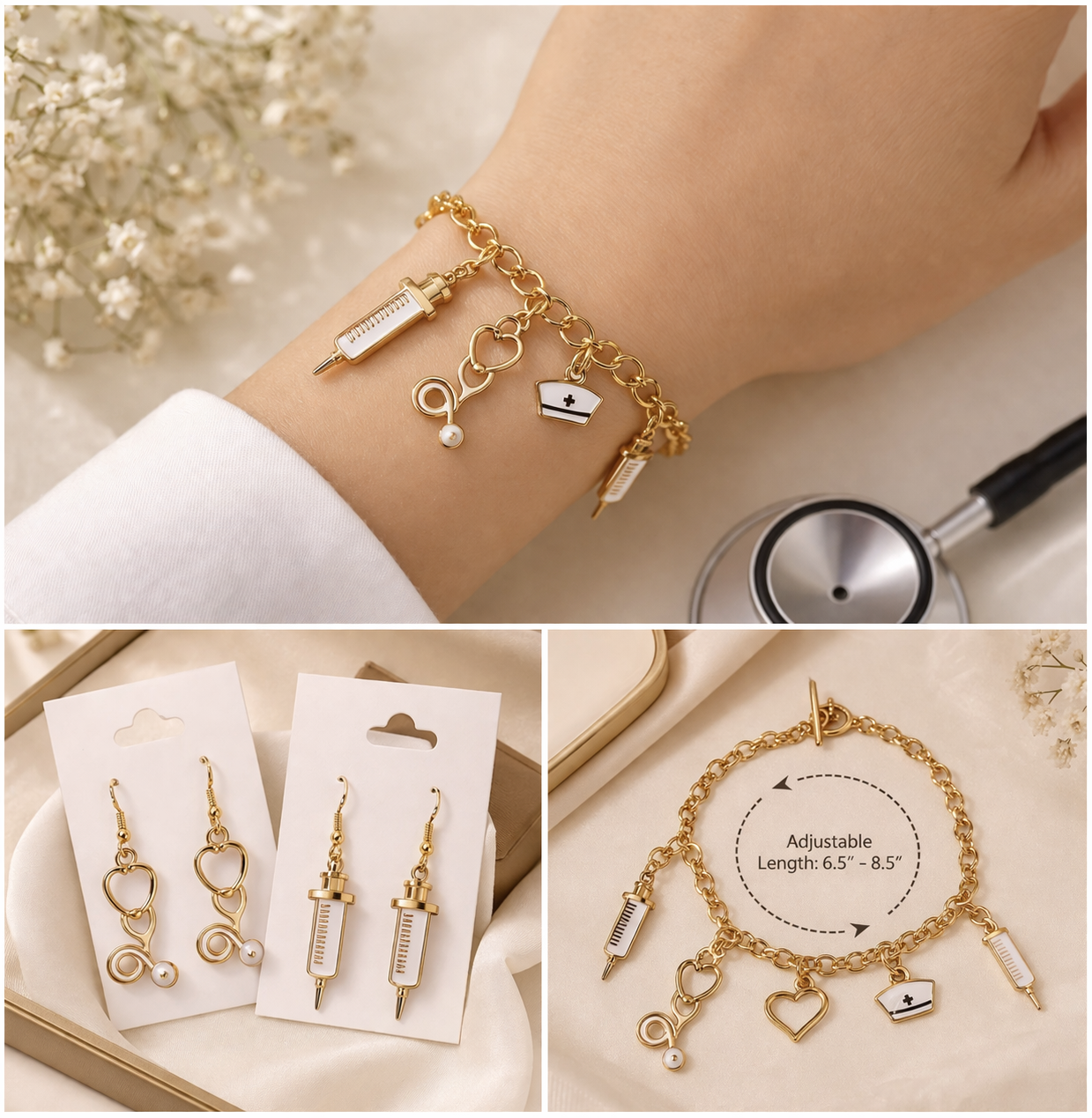 Handmade - Bracelet & Earrings - Stethoscope & Syringe Medical Gift Set