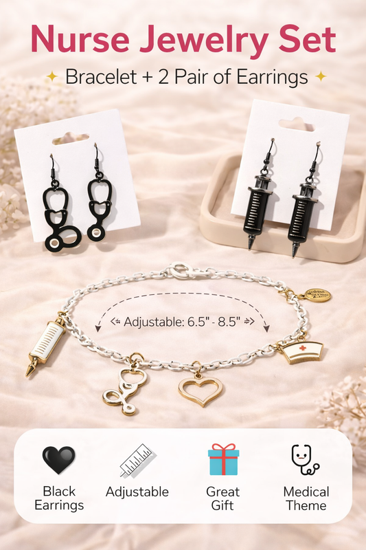 Handmade - Gold Tone Nurse Jewelry Set - Bracelet & 2 Pair Earrings: Syringe & Stethoscope