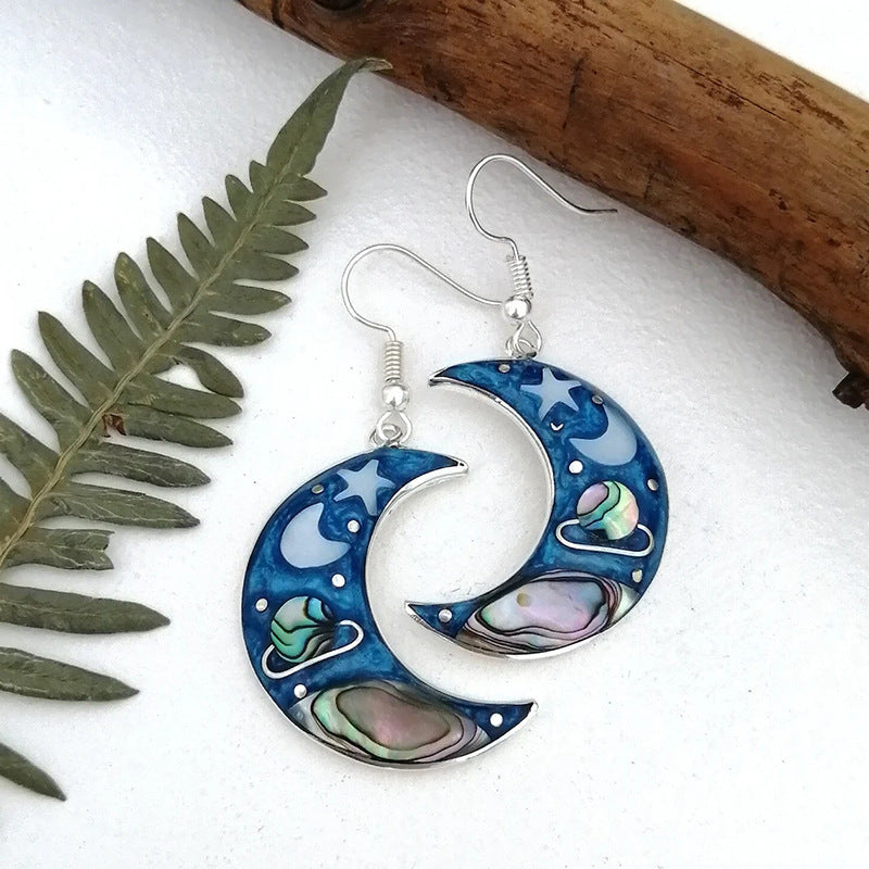 Retro Crescent Blue Sky Planet Earrings