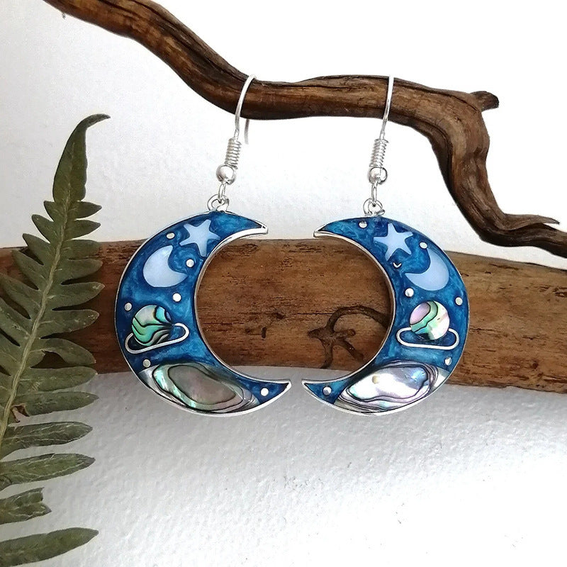 Retro Crescent Blue Sky Planet Earrings