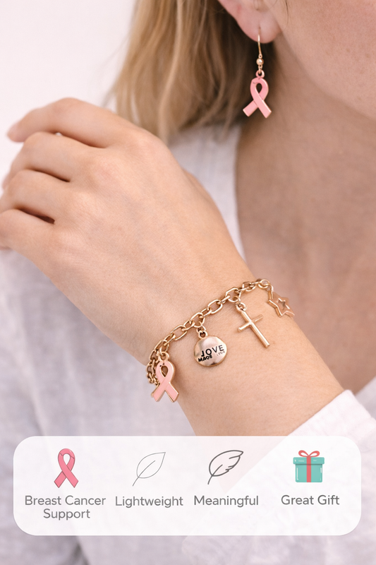 Handmade - Gold Tone Pink Ribbon Breast Cancer Awareness Bracelet & Earrings Jewelry Set