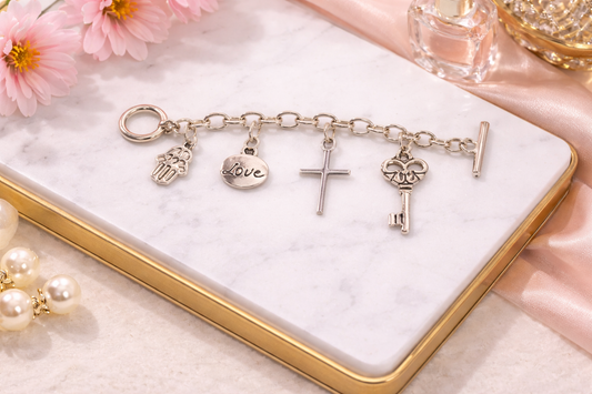 Handmade - Silver Tone Love, Key Cross Charm Bracelet