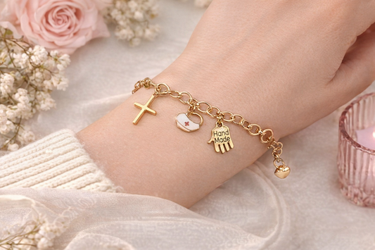 Handmade - Gold Charm Bracelet Hand Made Cross, Heart, and Star