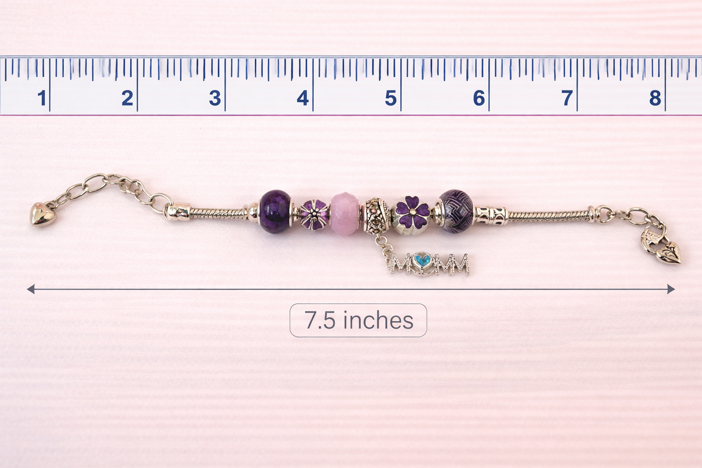 Handmade - Silver Charm Bracelet w/ Purple Beads & “Mom” Charm