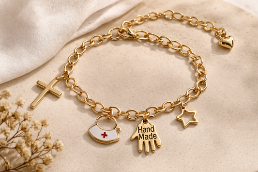 Handmade - Gold Charm Bracelet Hand Made Cross, Heart, and Star
