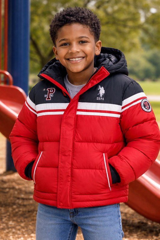 Kids U.S. Polo Assn. Red Puffer Hooded Winter Coat (Size 7)