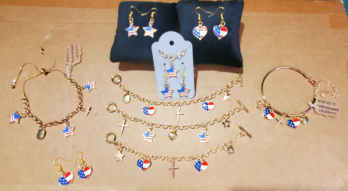 Handmade - USA Patriotic Red, White, Blue Flag Bracelet & Earrings Jewelry Set