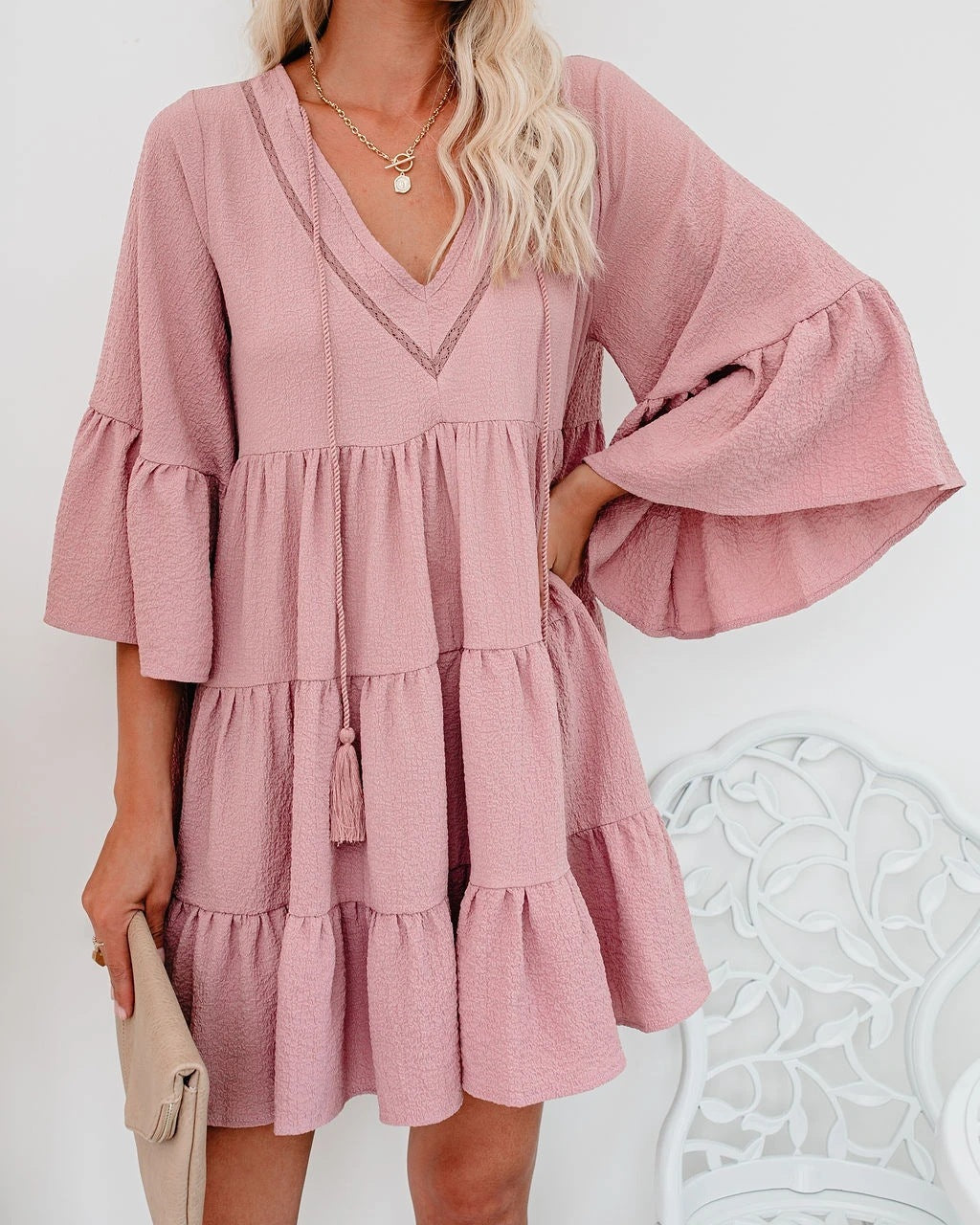 V-neck Lace-up Fringe Lace-up Ruffled Dress