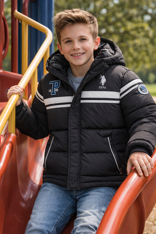 Kids - U.S. Polo Assn. Black Puffer Hooded Winter Coat (Size 5-6)