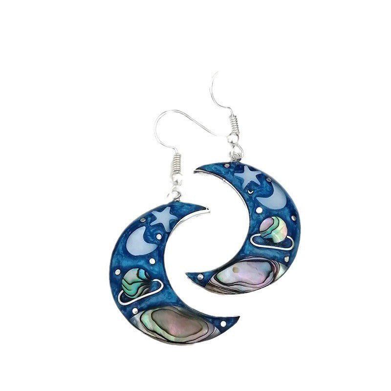 Retro Crescent Blue Sky Planet Earrings