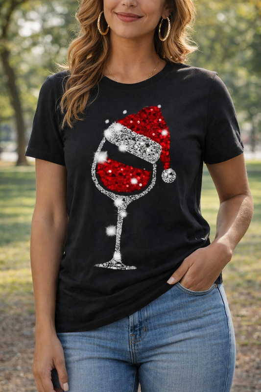 Sparkling Wine Glass Christmas T-Shirt – Festive Holiday Graphic Tee w/ Santa Hat - Size: XXL
