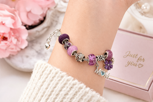 Handmade - Silver Charm Bracelet w/ Purple Beads & “Mom” Charm