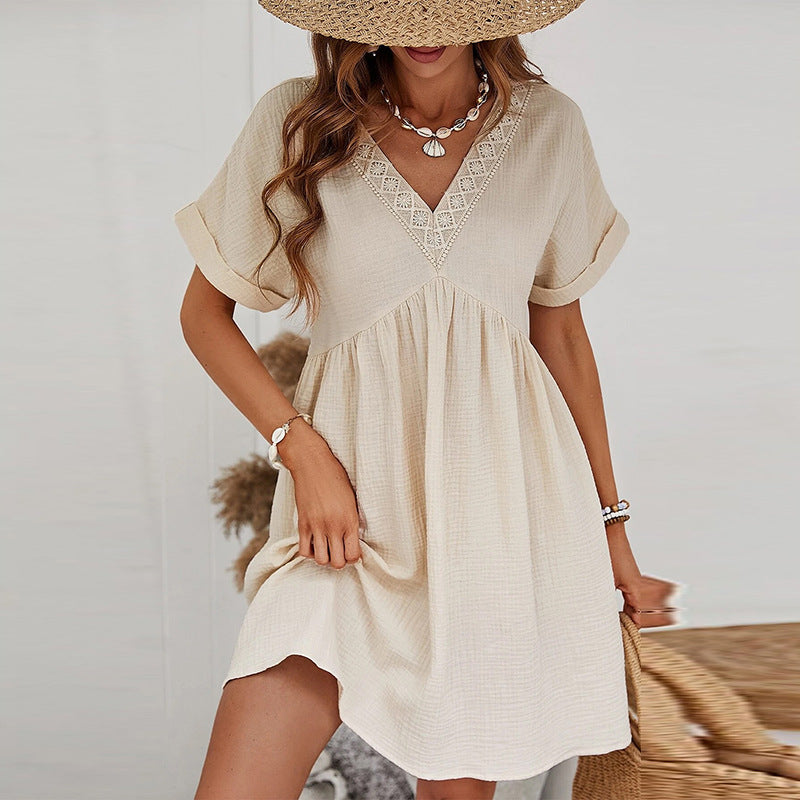 Solid Color Short Sleeve Dress Women's European And American Style