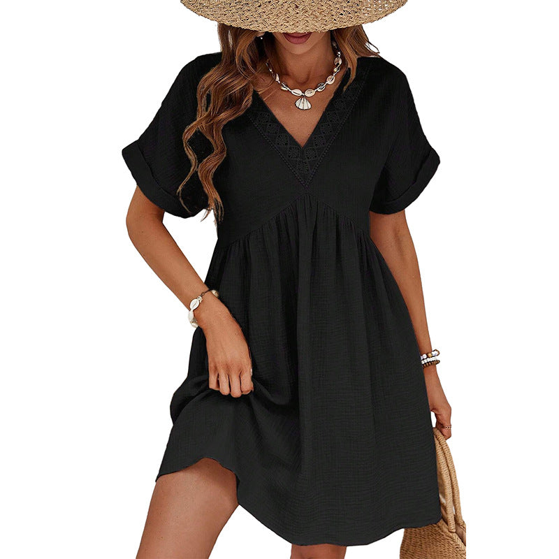 Solid Color Short Sleeve Dress Women's European And American Style