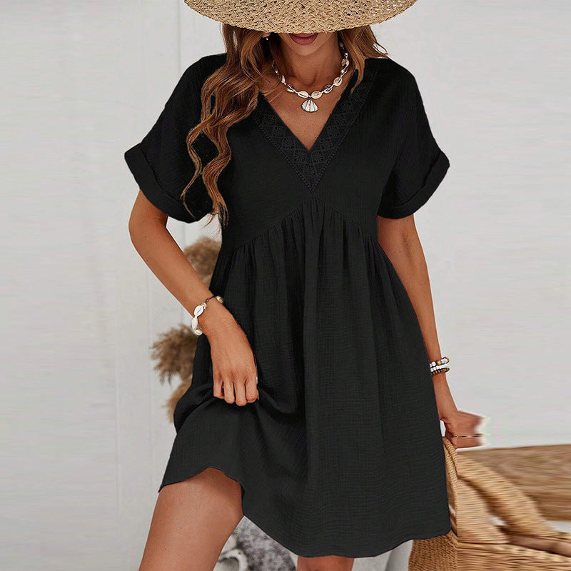 Solid Color Short Sleeve Dress Women's European And American Style