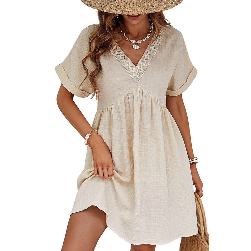 Solid Color Short Sleeve Dress Women's European And American Style