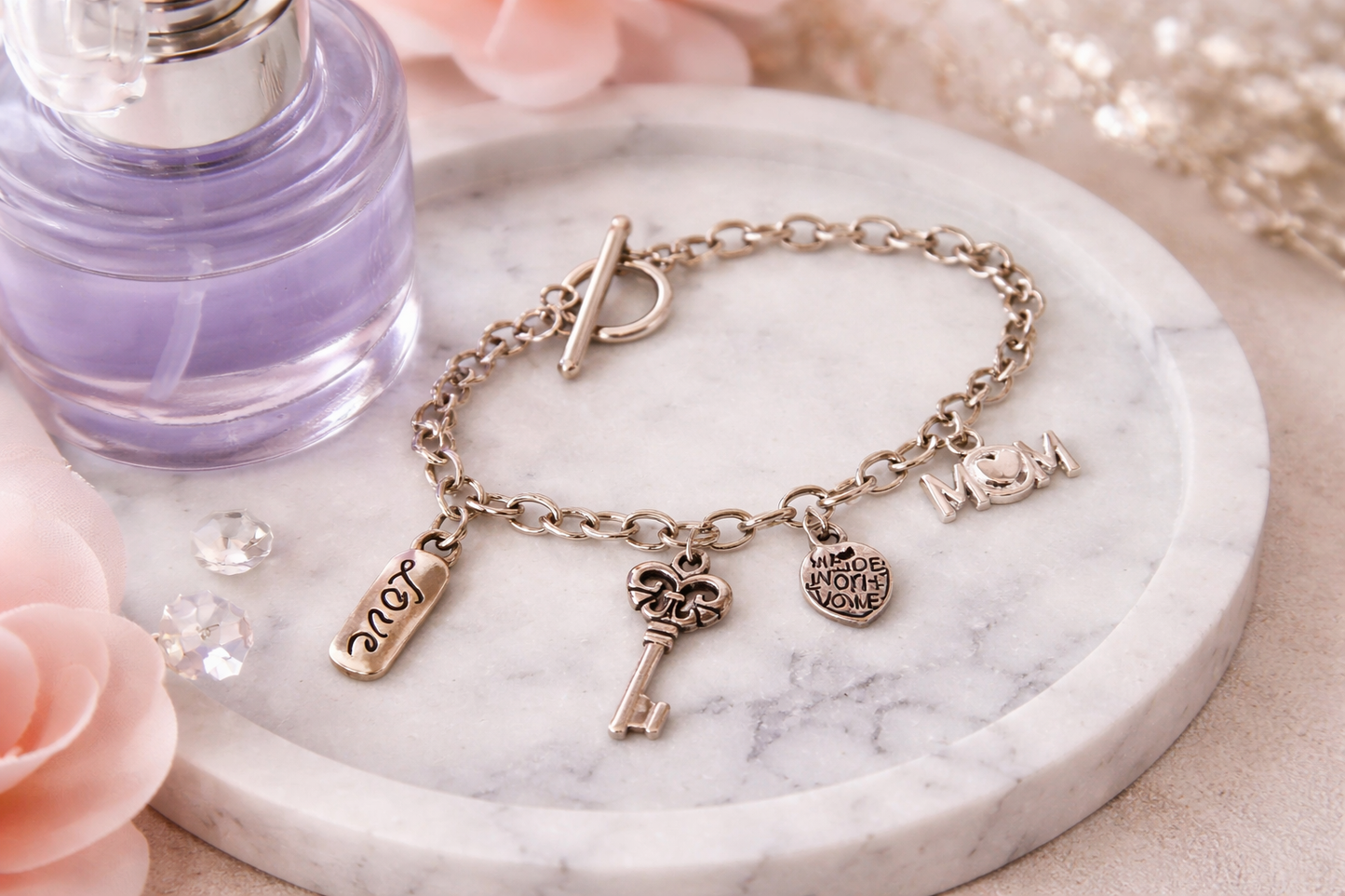 Handmade - Silver Charm Bracelet LOVE Key Heart Toggle Clasp Women’s Fashion Jewelry Gift