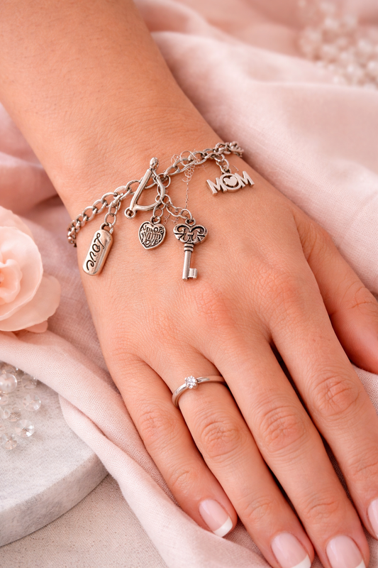 Handmade - Silver Charm Bracelet LOVE Key Heart Toggle Clasp Women’s Fashion Jewelry Gift