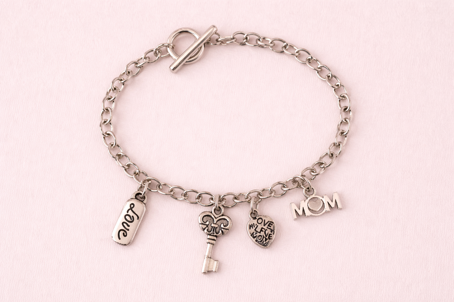 Handmade - Silver Charm Bracelet LOVE Key Heart Toggle Clasp Women’s Fashion Jewelry Gift