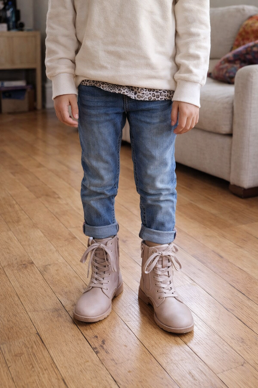 Kids Beige Lace-Up Ankle Boots – Casual Combat Style – Comfortable Everyday Shoes - Size 3