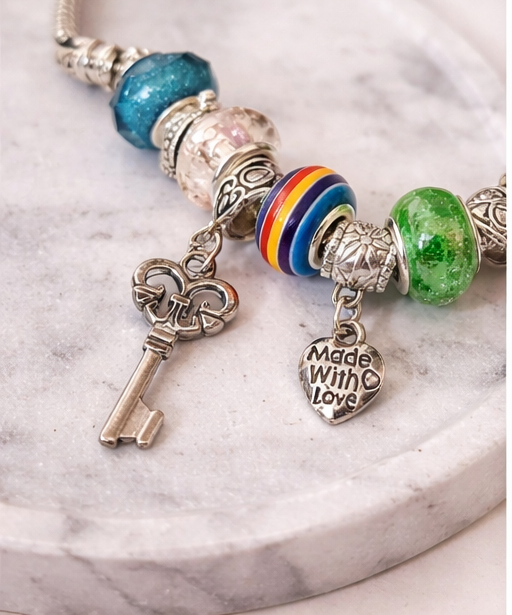 Handmade - Silver Charm Bracelet w/ Colorful Beads & Key Charm