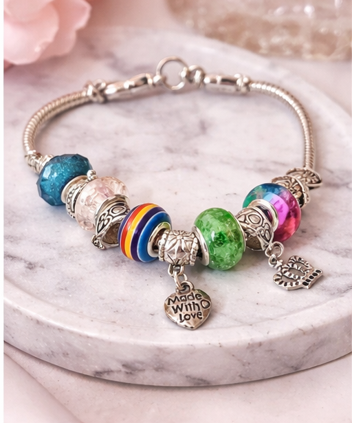 Handmade - Silver Charm Bracelet w/ Colorful Beads & Key Charm