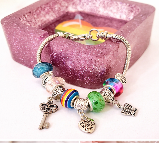 Handmade - Silver Charm Bracelet w/ Colorful Beads & Key Charm