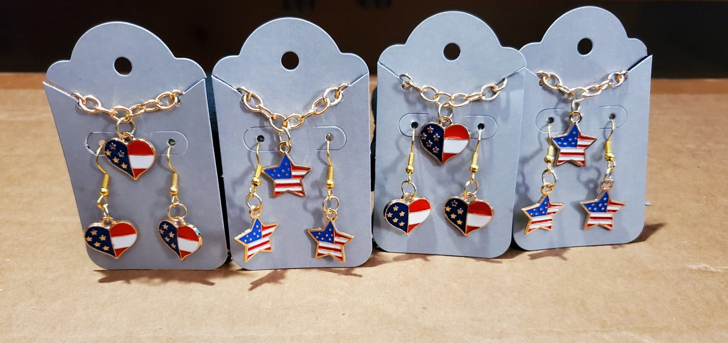Handmade - USA Patriotic Red, White, Blue Flag Bracelet & Earrings Jewelry Set