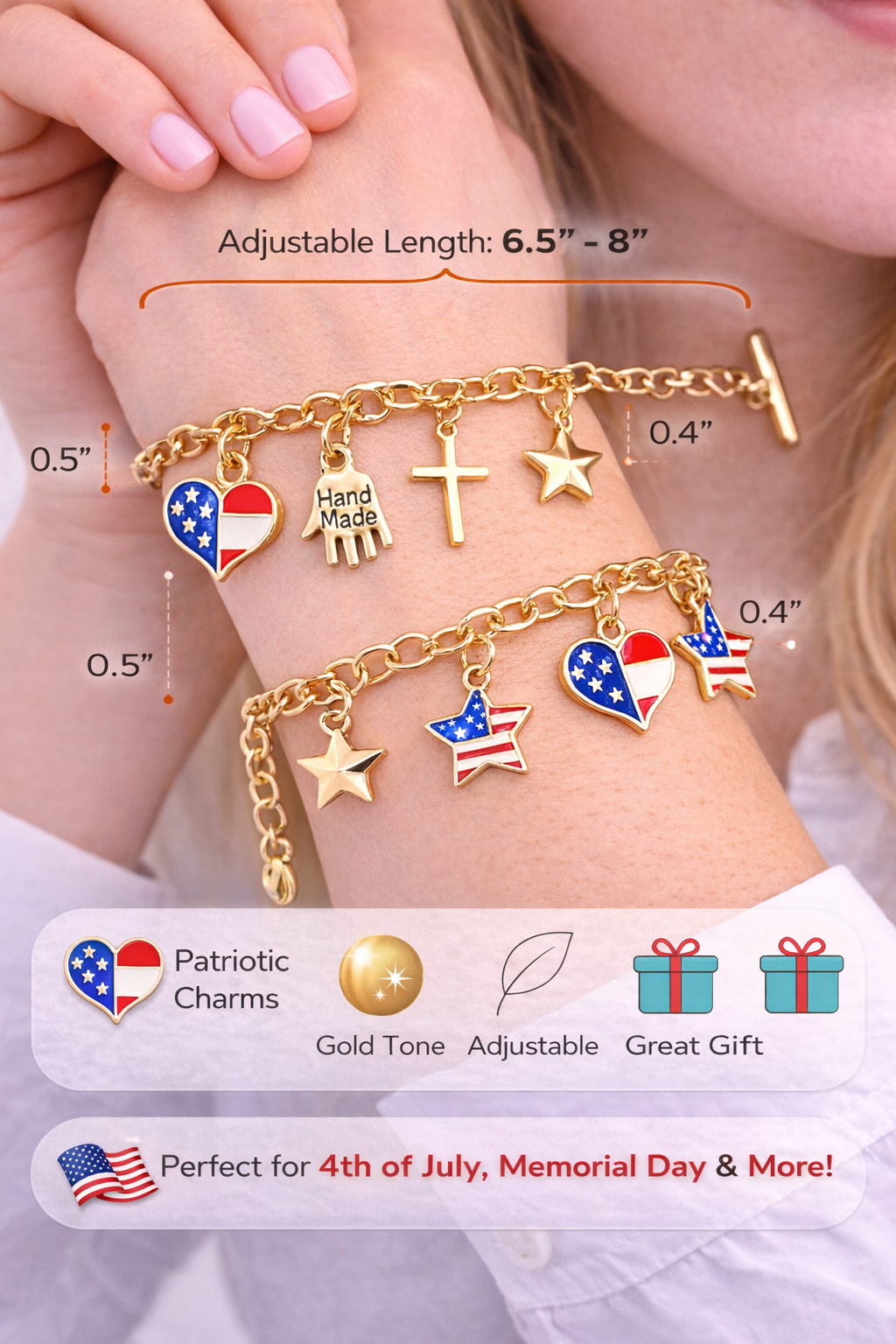 Handmade - USA Patriotic Red, White, Blue Flag Bracelet & Earrings Jewelry Set