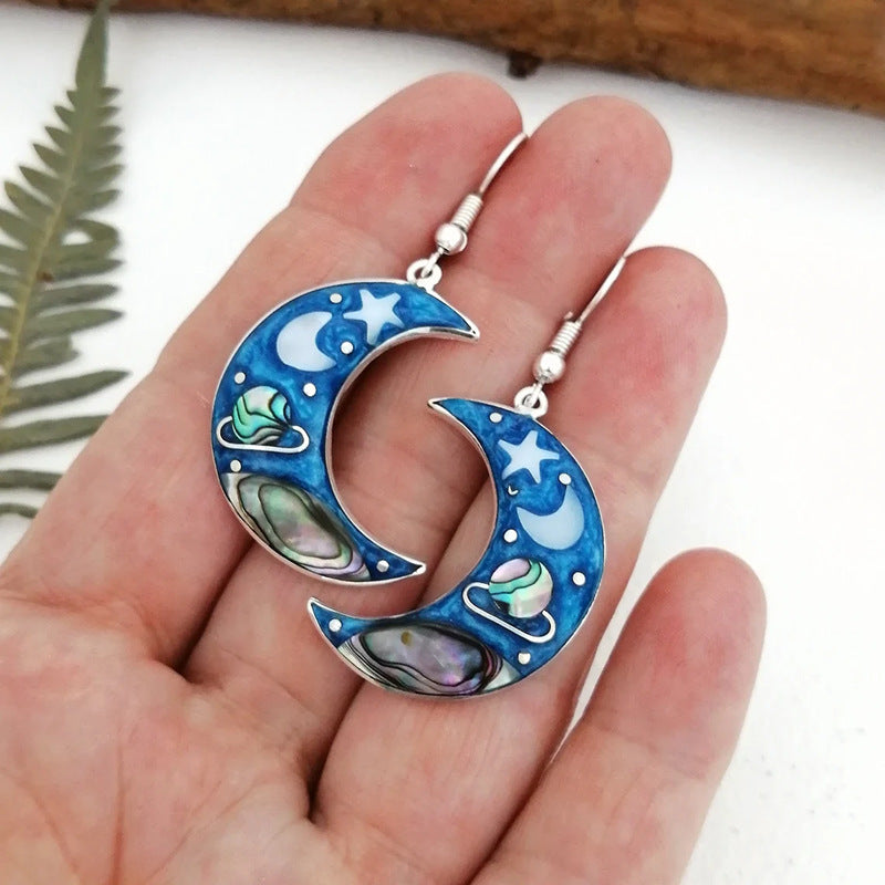 Retro Crescent Blue Sky Planet Earrings