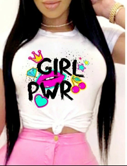 “Girl PWR” Graphic T-Shirt – Cute Empowerment Tee w/ Lips & Crown Design - Size: XXL