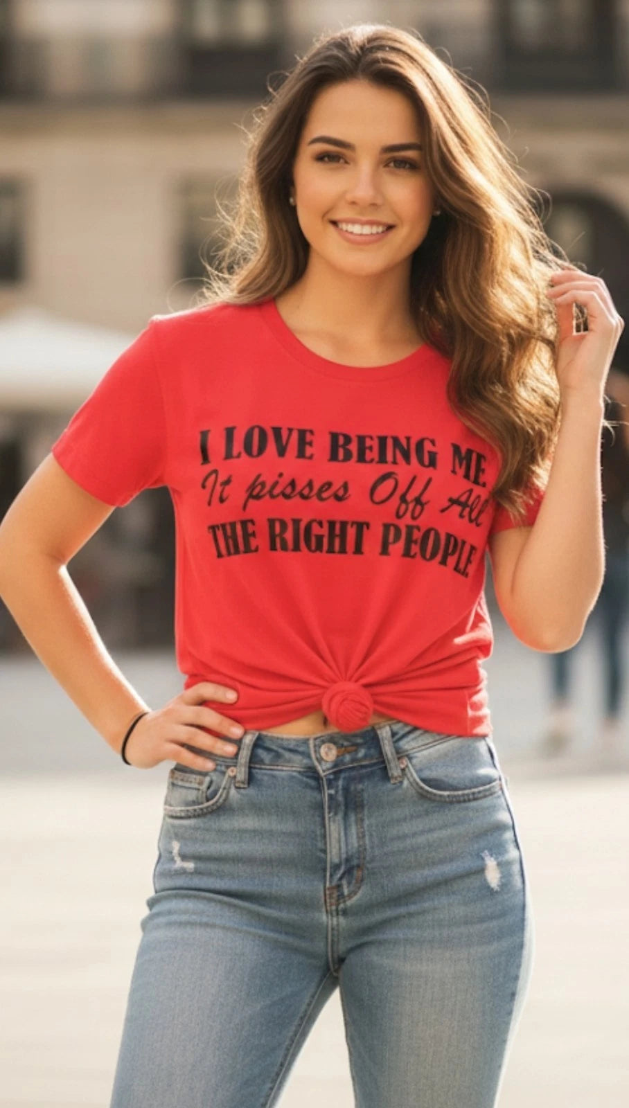 Handmade - Funny – “I Love Being Me” Bold Red Statement T-shirt - Size XL